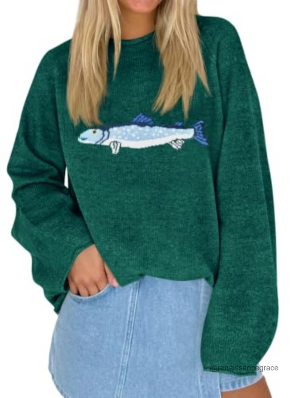 Lightweight Knit Pullover Oversized Sweater Fish Graphic Crew Neck Fuzzy Cozy
